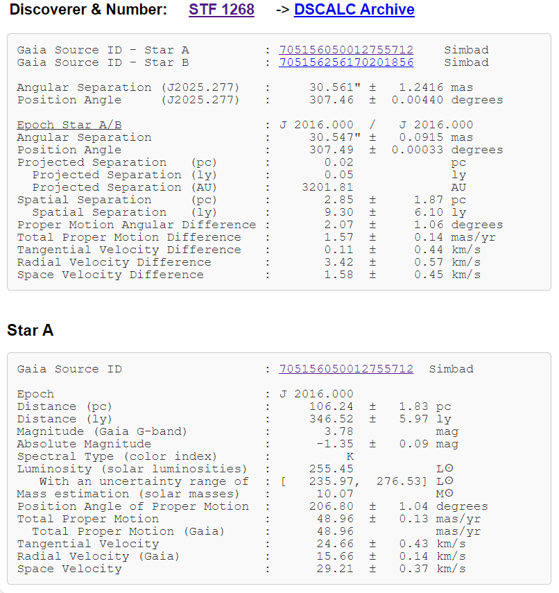 Double Star Calculator - Result example